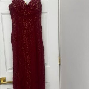 Fashion Nova Strapless Lace Dress in Deep Red